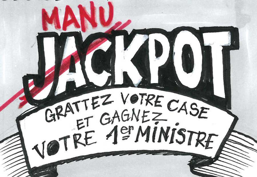 Portrait à l’encre noire de Lucie Castets, à côté d’une plante. Un rat qui parle est assis dans l’angle inférieur droit du cadre. Dans une première bulle, Lucie Castets se présente : « Je m’appelle Lucie Castets. Je suis une jeune femme, instruite, intelligente et ouverte… » Dans une seconde bulle elle poursuit avec une question : « …Pourquoi le président ne veut-il pas me nommer Première ministre ? » Le rat lui crie sa réponse : « Il a peur que tu lui voles la vedette ! »